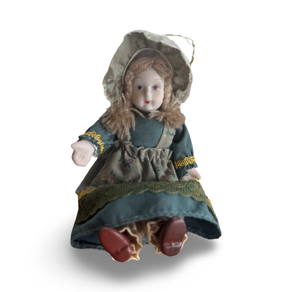 Vintage Style Porcelain Doll with Green Dress Christmas Tree Doll